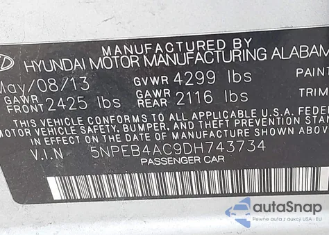 2013 Hyundai Sonata Gls z USA, uszkodzony, nr VIN 5NPEB4AC9DH743734